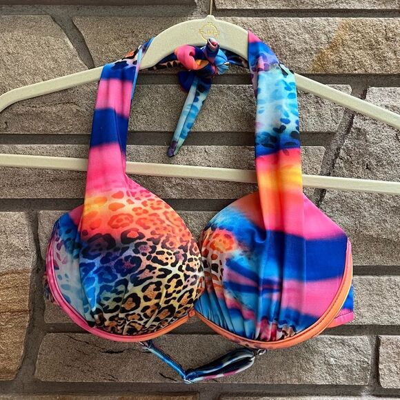 VENUS Marilyn Push-Up Halter Top 34C Vivid Colorful Animal Print Lisa frank - Picture 1 of 8